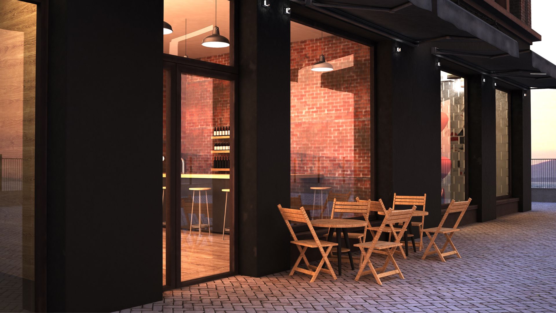 Cozy cafe exterior with wooden chairs, brick walls, and hanging lamps