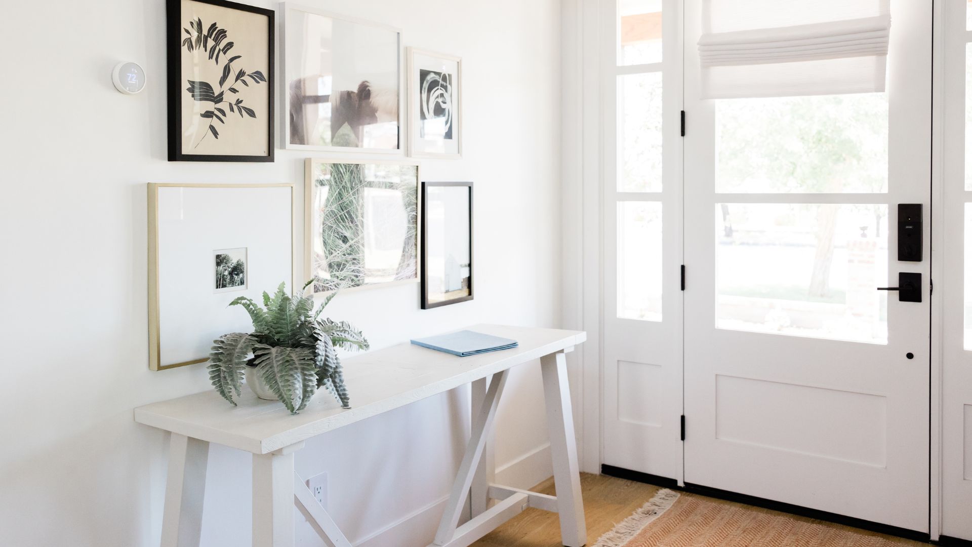 Minimalist entryway with white wall, gallery art, fern, and wooden table